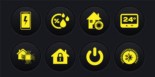 设置智能家居、恒温器、受保护房屋、电源按钮、湿度和手机充电电池图标。向量图片下载