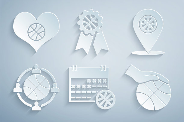 设置篮球运动日历，位置与篮球，规划策略，手，奖和心图标。向量图片下载