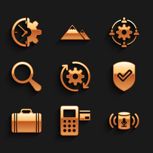 设置齿轮和箭头为工作流，Pos终端，语音助手，带检查标记的盾牌，旅行手提箱和放大镜图标。向量图片下载