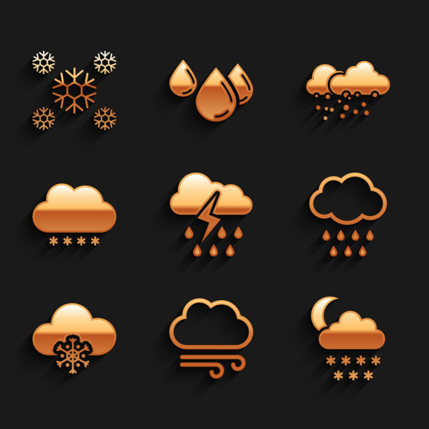集云与雨和闪电，风天气，雪月亮，和图标。向量图片下载