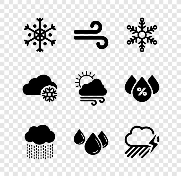 设置雪花，风，云与雨，水滴和和闪电图标。向量图片下载