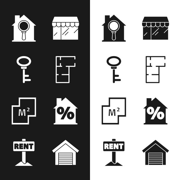 设置房屋计划，钥匙，搜索房子，市场商店，与百分比折扣，车库和悬挂标志租赁图标。向量图片下载