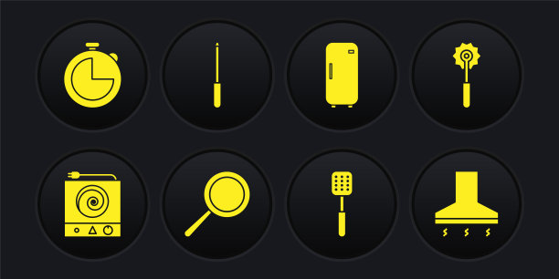 设置电炉，披萨刀，煎锅，铲子，冰箱，磨刀器，厨房风扇和计时器图标。向量图片下载