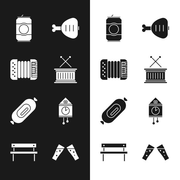 集音乐鼓和棍棒，手风琴，啤酒罐，鸡腿，腊肠，复古手表，啤酒和长凳图标。向量图片下载