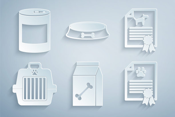 集袋食品的宠物，证书狗猫，宠物手提箱，碗和罐头图标。向量图片下载