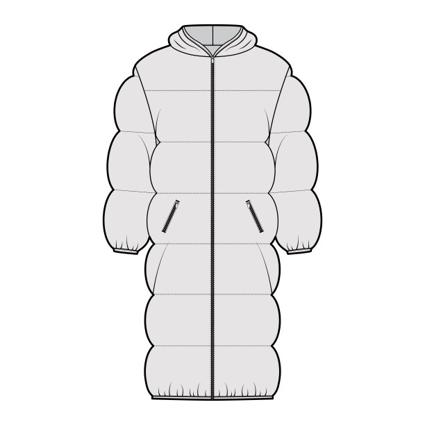 羽绒服外套技术时尚插图与长袖，帽衫领，拉链关闭，膝盖长度图片下载