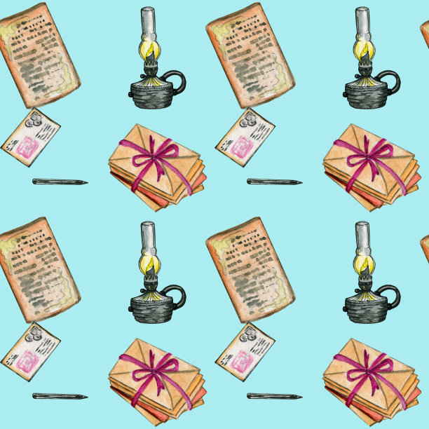 无缝模式。水彩画书，信封和复古纸。纸的包装。在彩色背景上手工绘制。图片下载