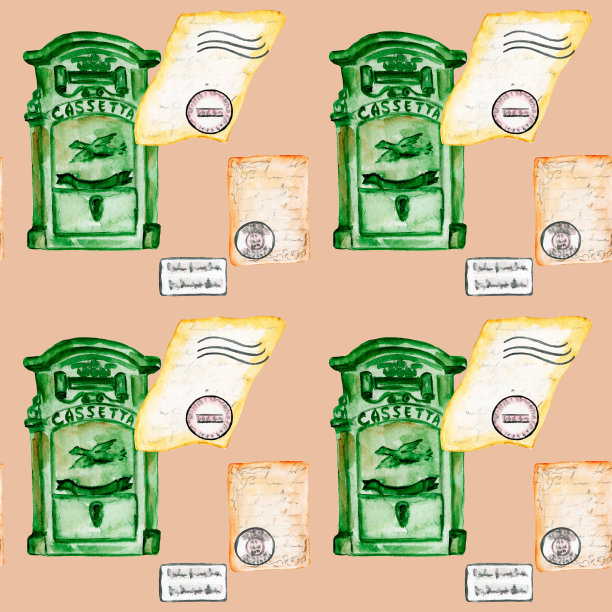 无缝模式。水彩画书，信封和复古纸。纸的包装。在彩色背景上手工绘制。图片下载