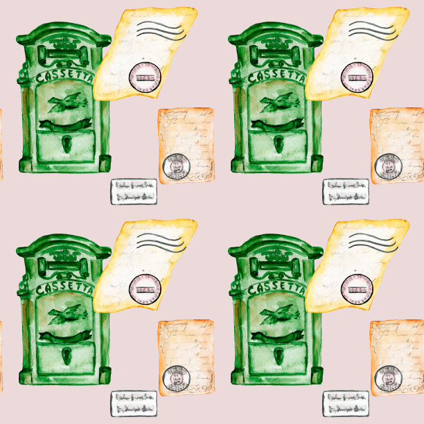 无缝模式。水彩画书，信封和复古纸。纸的包装。在彩色背景上手工绘制。图片下载