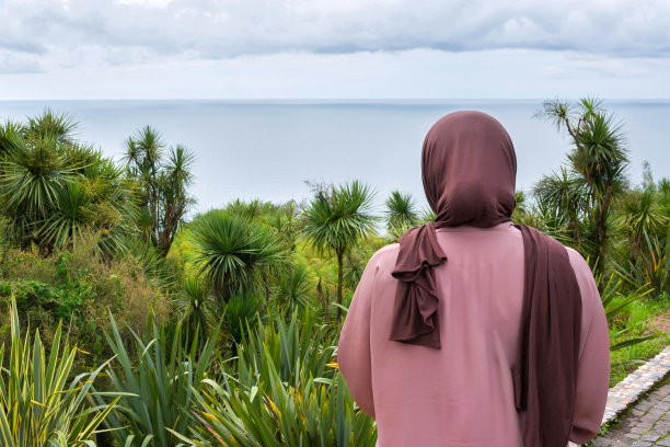 站在公园里的现代阿拉伯女性，背景是天空图片下载