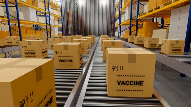 仓库，里面有纸板箱，托盘架，物流中心。现代仓库阁楼。仓库传送带上的纸箱，3D渲染图片下载