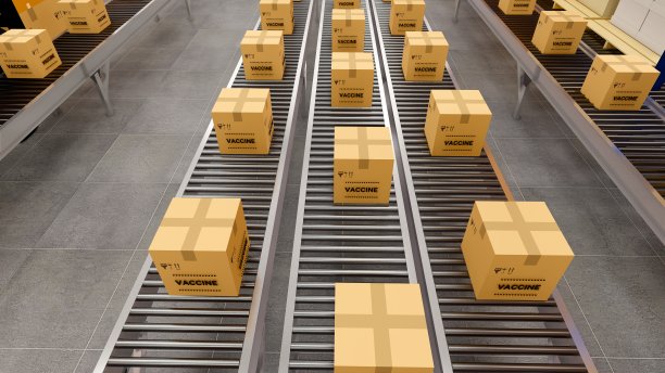 仓库，里面有纸板箱，托盘架，物流中心。现代仓库阁楼。仓库传送带上的纸箱，3D渲染图片下载