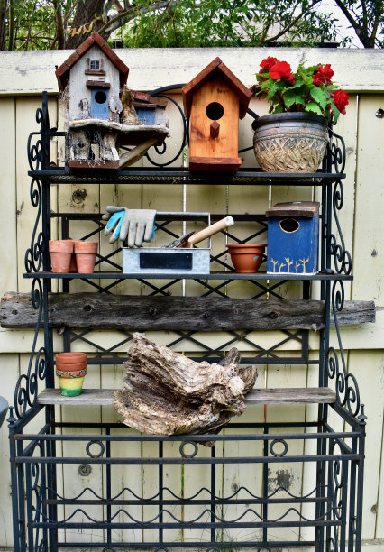 室外后院的装饰鸟笼布置在铁制的盆栽桌上图片下载