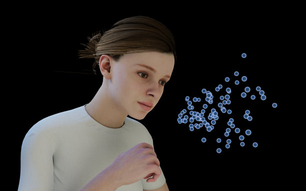 3d渲染来说明一个咳嗽的妇女与病毒在空气中。图片下载