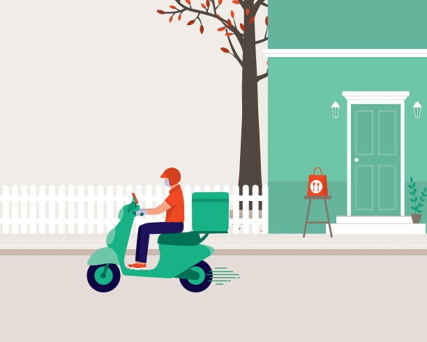 戴口罩和手套的送货员送食物并把它放在顾客的前门。COVID-19大流行期间的非接触交付。图片下载