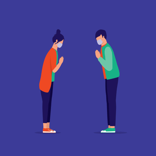 为了防止新型冠状病毒感染症(COVID-19病毒)的扩散，两个人不是握手而是合掌打招呼。握手的替代品。社会距离的问候。“合十礼”的手势。图片下载