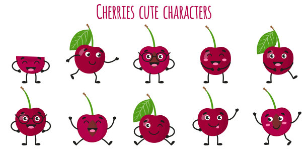 樱桃，水果，可爱，有趣，欢快的人物与不同的姿势和情绪。图片下载