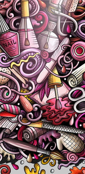 指甲手绘涂鸦横幅。卡通矢量详细传单。图片下载