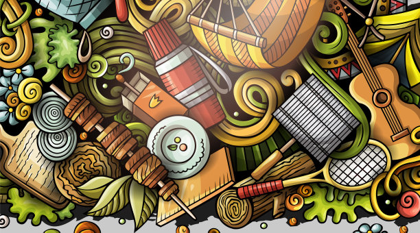 野餐手绘涂鸦横幅。卡通矢量详细传单。图片下载