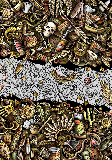 印第安人手绘涂鸦横幅。卡通矢量详细海报图片下载