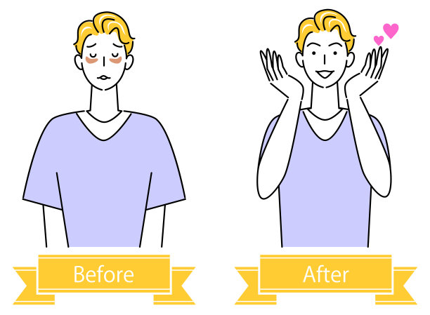 护肤前后：可爱男士祛斑/黄褐斑简易矢量插画，面部皮肤护理问题图片下载