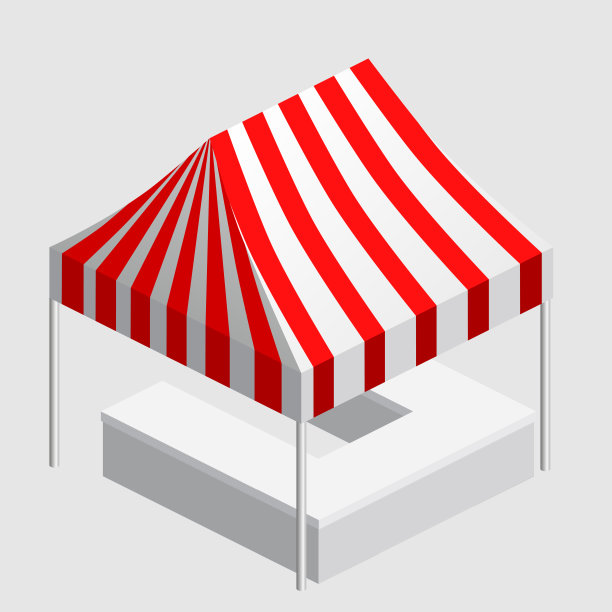 等距市场摊位，帐篷。街道遮阳篷篷亭，柜台，白色的红色线，为集市，街头食品，市场，杂货。向量孤立图片下载