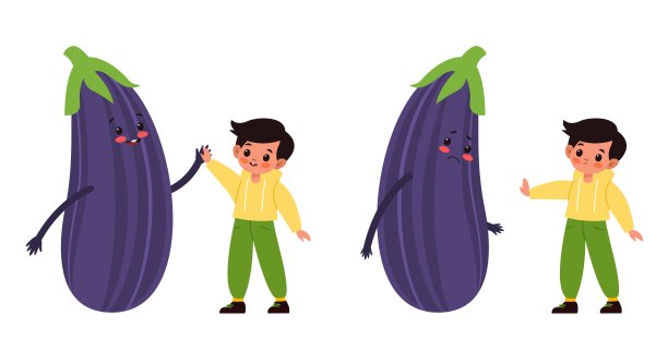 孩子们用蔬菜。小孩子和大茄子。快乐和不快乐的男孩都有健康的食物。有机乳制品素食餐。维生素和营养。矢量卡通孤立插图图片下载