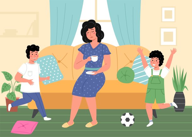 带着孩子的疲惫女人。情绪疲惫的母亲，过度活跃的孩子在房间里，室内室内，困难的养育，家庭沟通。母亲和儿童矢量卡通概念图片下载