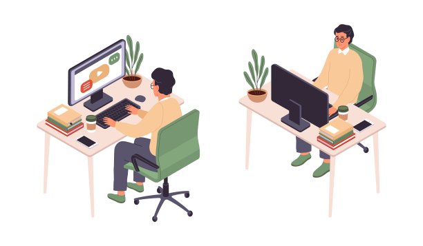 等距在线教育。男人坐在电脑前，背面和面视图，个人工作场所，远程学习，学生在台式机与笔记本电脑。矢量孤立的电子学习插图图片下载