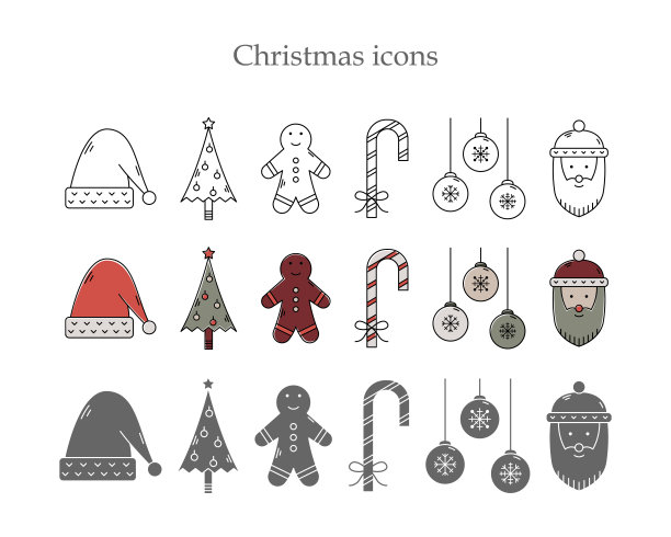 三种风格的圣诞图标向量集。线条艺术，简单的风格和色彩轮廓。图片下载