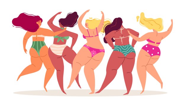 泳衣的女人。背观身体正面不同的比基尼女郎，快乐的闺蜜翩翩起舞，夏日沙滩靓丽的大姑娘。性感女性角色矢量卡通孤立概念图片下载