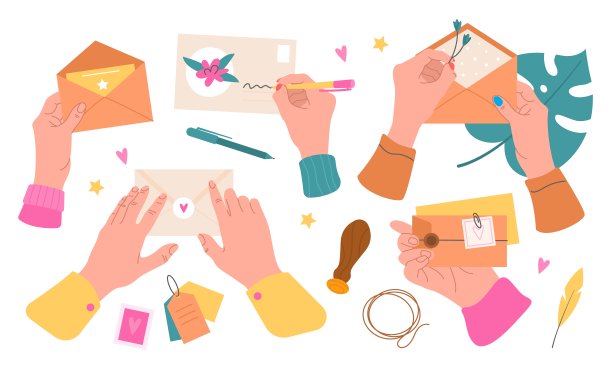 有手的信封。手持印章和签名的信件，放在消息干燥的植物，粘贴邮票，邮件准备。浪漫的粉红色米色纸装饰，矢量卡通孤立集图片下载