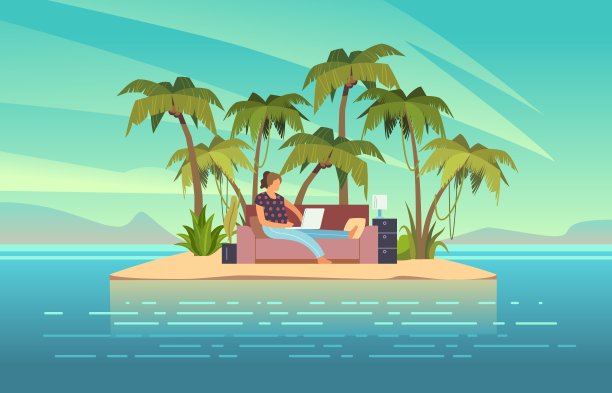 远程工作。躺在沙发上用笔记本电脑工作的女人，海洋中的热带岛屿，自由自在的工作场所，在线办公室，自由的象征。矢量平面卡通旅游概念图片下载