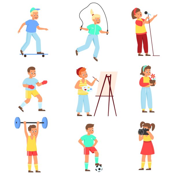 孩子们的爱好。男孩和女孩最喜欢的活动，体育和创造力的对象，儿童兴趣，青少年运动员，音乐家和艺术家的生活方式。休闲时间矢量卡通平面集图片下载