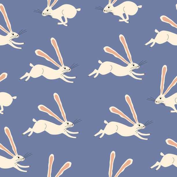 长耳朵的小白兔又跑又跳。可爱的兔子角色手绘矢量插图。蓝色背景上的野兔。动物无缝模式。图片下载