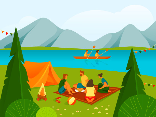 在森林或公园露营或休息，旗帜。图片下载