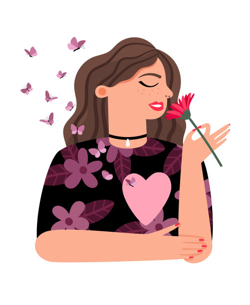 骄傲的女孩爱你自己。幸福的女人用心和蝴蝶与爱自己矢量插图图片下载