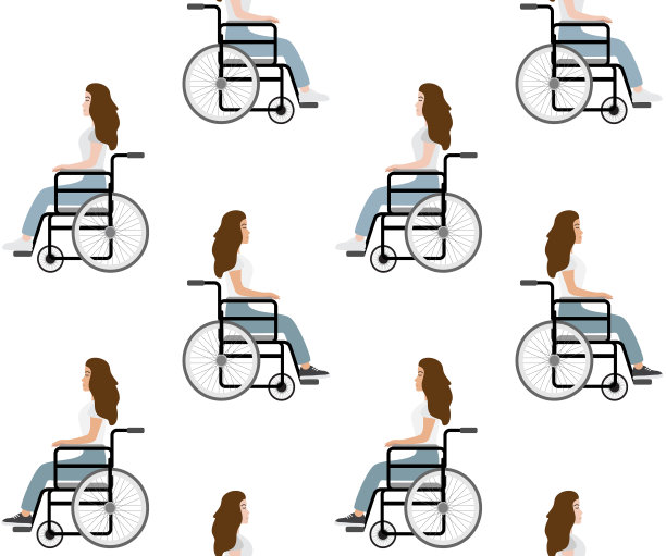 矢量无缝模式的扁平不同的女子女孩坐在残疾轮椅图片下载