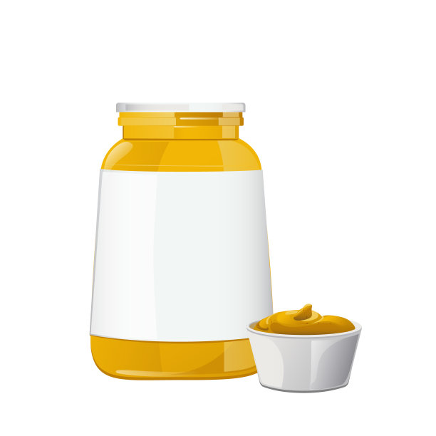 芥末。第戎蜂蜜酱奶油。卡通风格的食品品牌向量设计。图片下载