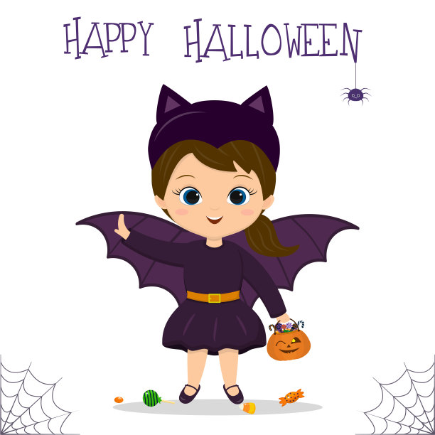 万圣节派对。一个可爱的小女孩穿着蝙蝠服装，手里拿着一个南瓜，上面有棒棒糖、蜘蛛和蜘蛛网。明信片、矢量插图。图片下载