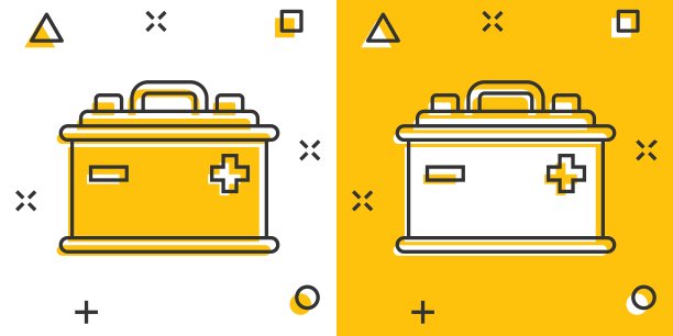 矢量卡通汽车电池标志图标漫画风格。能量动力标志插图象形图。汽车蓄电池业务飞溅效应概念。图片下载