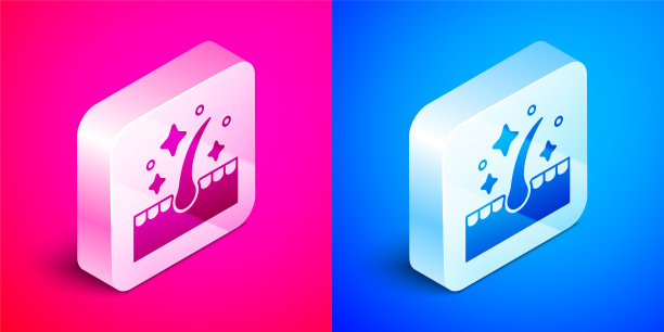 等距有机精油头发护理护理图标分离在粉红色和蓝色的背景。头发的生长。银广场按钮。向量图片下载