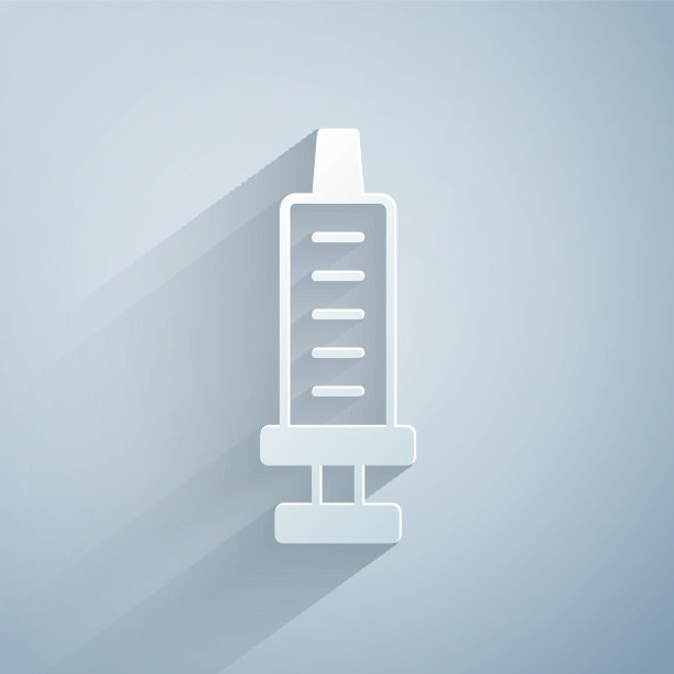 剪纸注射器图标隔离在灰色背景。疫苗注射器，疫苗，注射，流感疫苗。医疗设备。纸艺术风格。向量图片下载