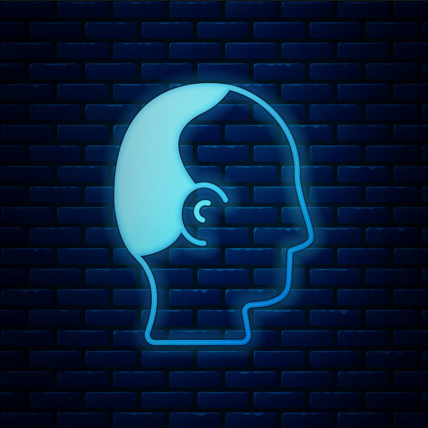 发光的霓虹灯秃顶图标孤立在砖墙背景。脱发。向量图片下载