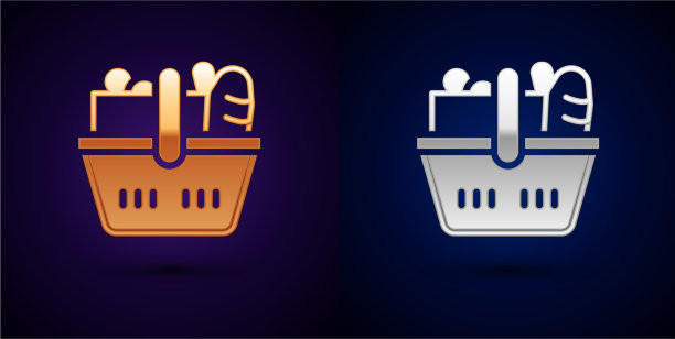 金色和银色的购物篮和食品图标图片下载