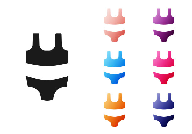 黑色夏季海滩泳装图标孤立在白色背景。海滩女性时尚。设置图标丰富多彩。向量图片下载