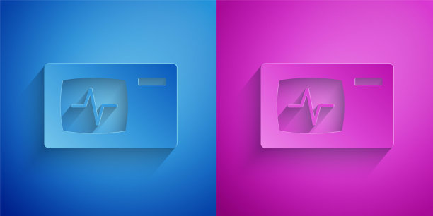 剪纸电脑显示器与心脏图标孤立在蓝色和紫色的背景。监控图标。手画的心电监护仪。纸艺术风格。向量图片下载