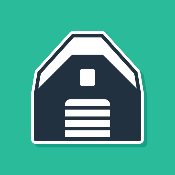 蓝色车库图标孤立在绿色背景。向量图片下载