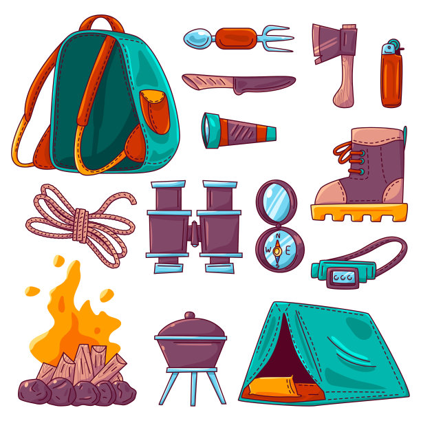 野营设备和徒步旅行元素矢量卡通集孤立在一个白色的背景。图片下载