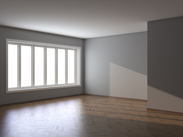 灰色墙壁，大窗户，镶木地板和棕色底座的房间空角落，工作路径在窗口。3D渲染，7680x5760, 300 dpi图片下载
